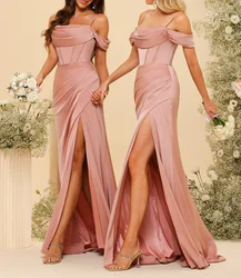 Satin Spaghetti Straps Mermaid Bridesmaid Dresses Off the Shoulder High Slit Evening Dress Backless Long  Wedding Party Gowns