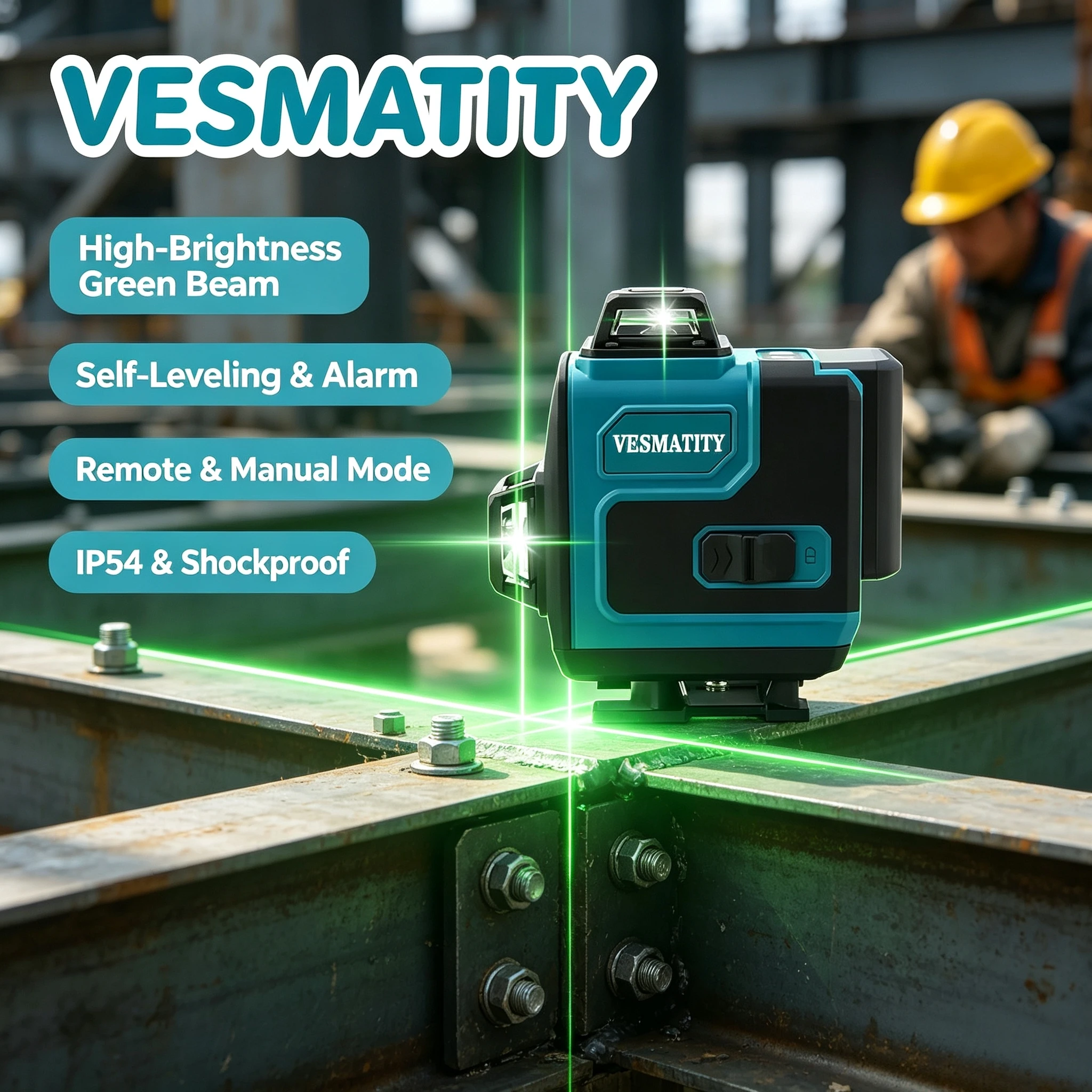 VESMATITY Green Beam 16 Lines Laser Level Self Leveling IP65 Waterproof Remote Control Battery Powered Max Pro Speed Unit