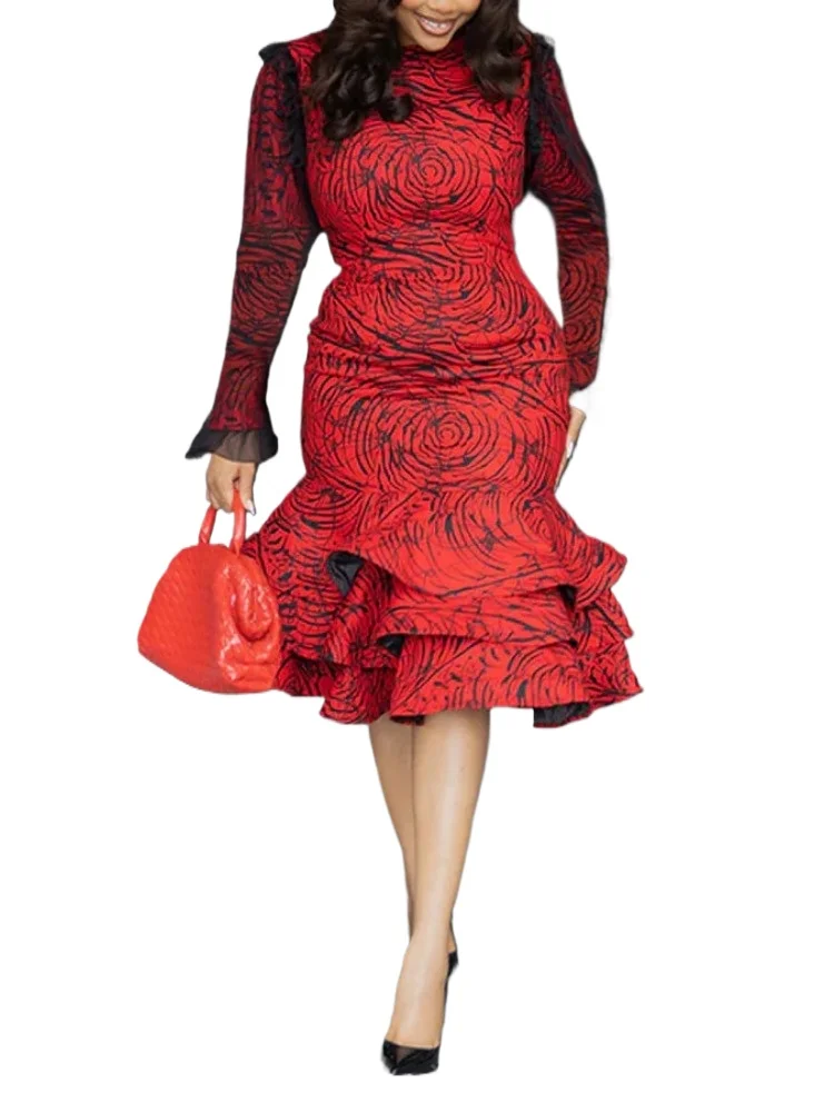

Spring Autumn Women's Printed Dress Fashionable Round Neck Casual Women's Mesh Splicing Ruffle Party Dress Elegant Office Dress