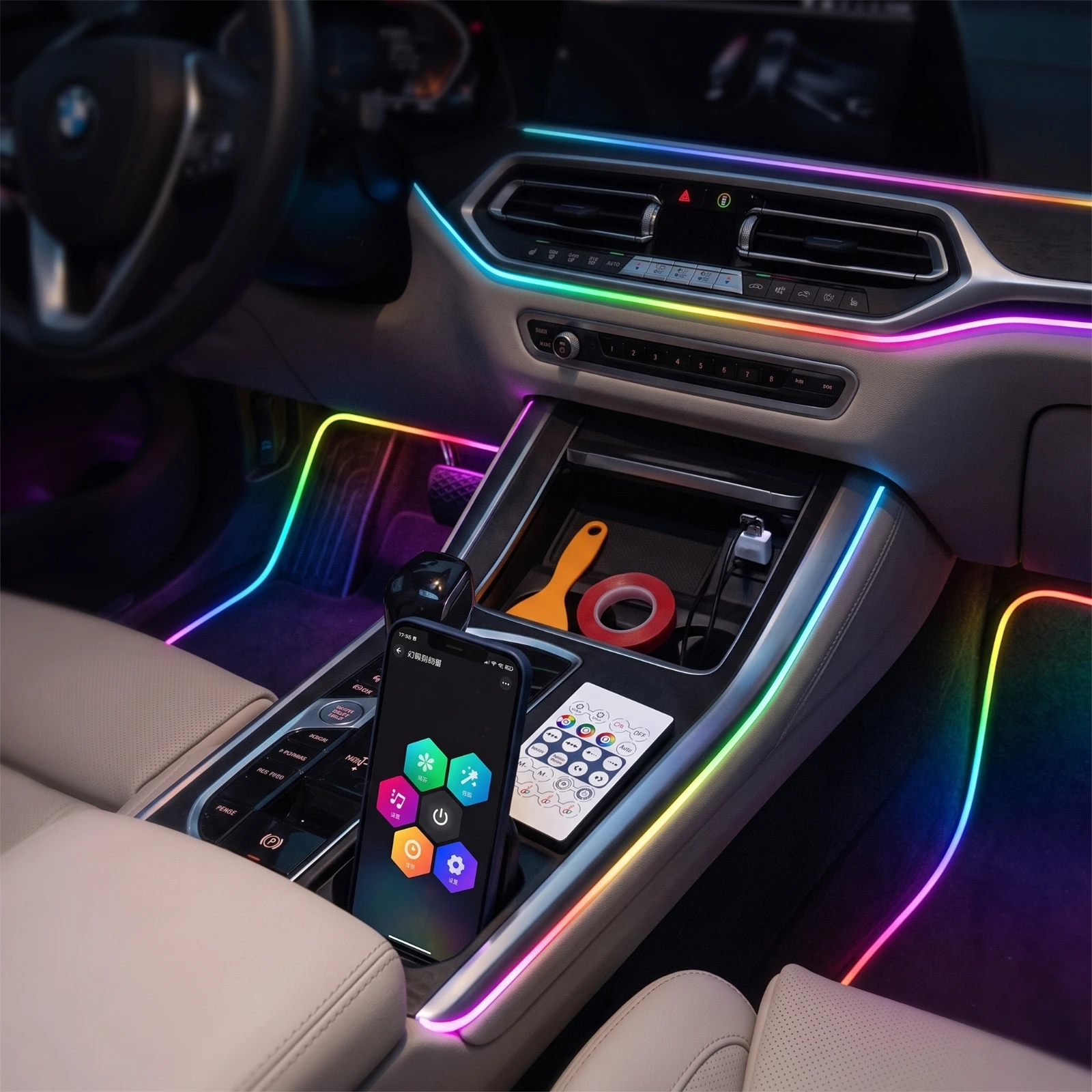 Car Ambient Lighting Kit Concealed Acrylic Neon Strip Lights Car Interior Lights Slim for Drivers, Dashboard, Center Console view 5