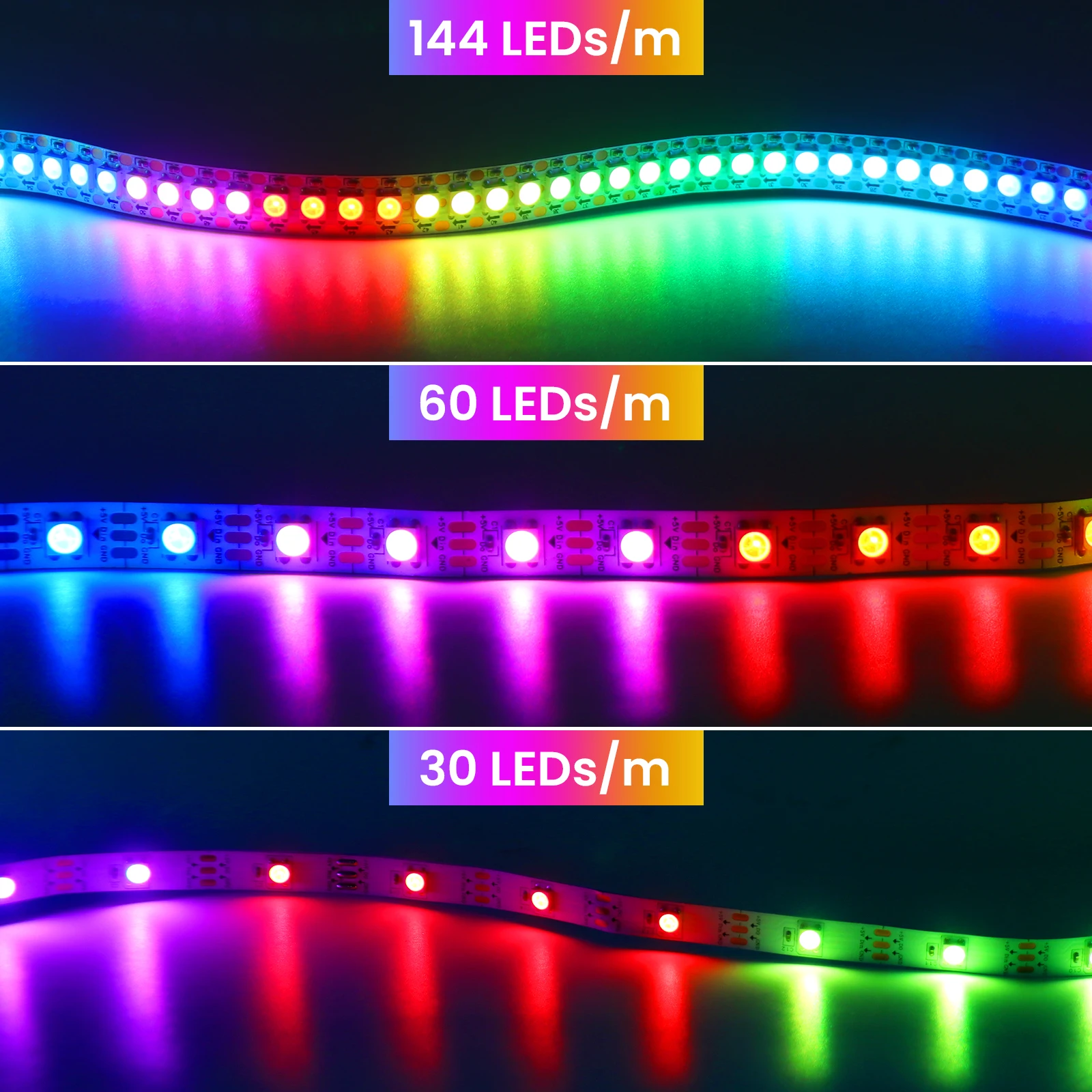 5V Addressable LED Strip WS2812B 30/60/74/96/144LEDs/m RGBIC LED Lights With USB Bluetooth Controller White Black PCB IP30/65/67