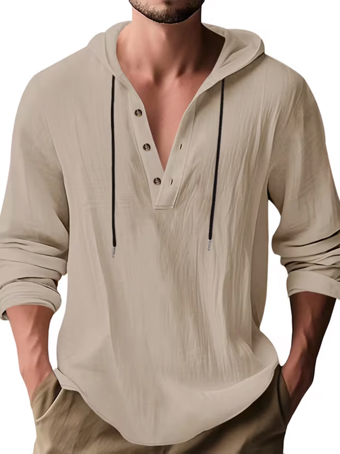 Herren Baumwoll-Leinen Kapuzen-Henley-Shirt Pullover Atmungsaktiv Bequem Neuer Stil Vielseitige Freizeitkleidung – Detail 29