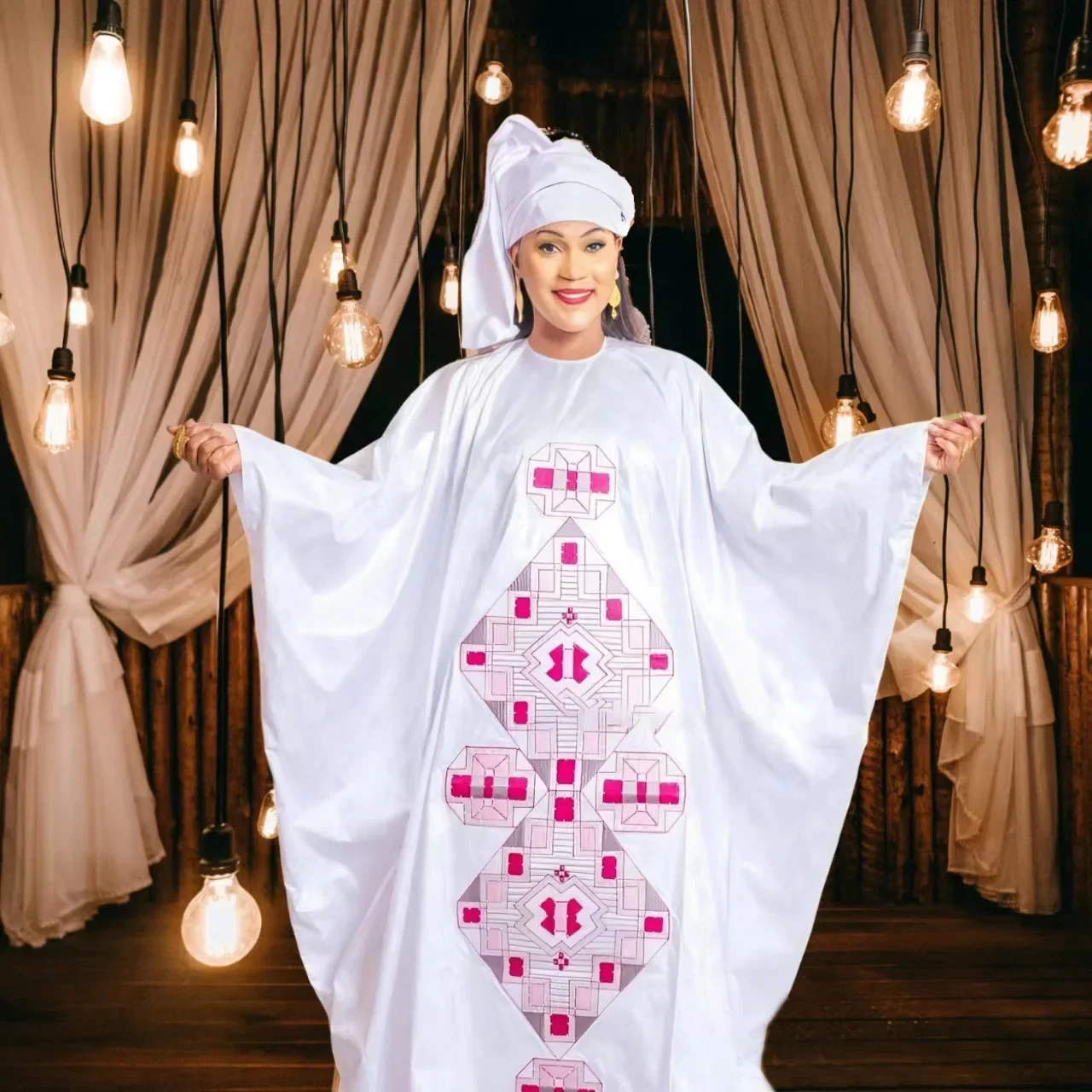 Afrykańska sukienka dla kobiety Plus Size Sukienka Bazin Riche Haft z haftem Długa sukienka z szalikiem