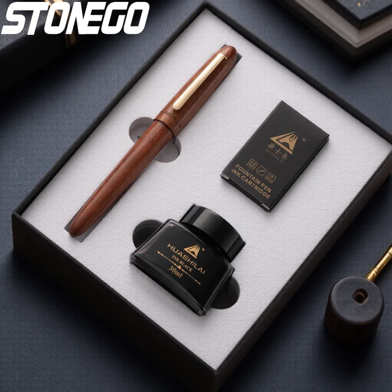 

Luxury 0.7mm Gold-Plated Nib Pure Wood Fountain Pen Set Rotating Cap 30ml Ink Holiday Gift
