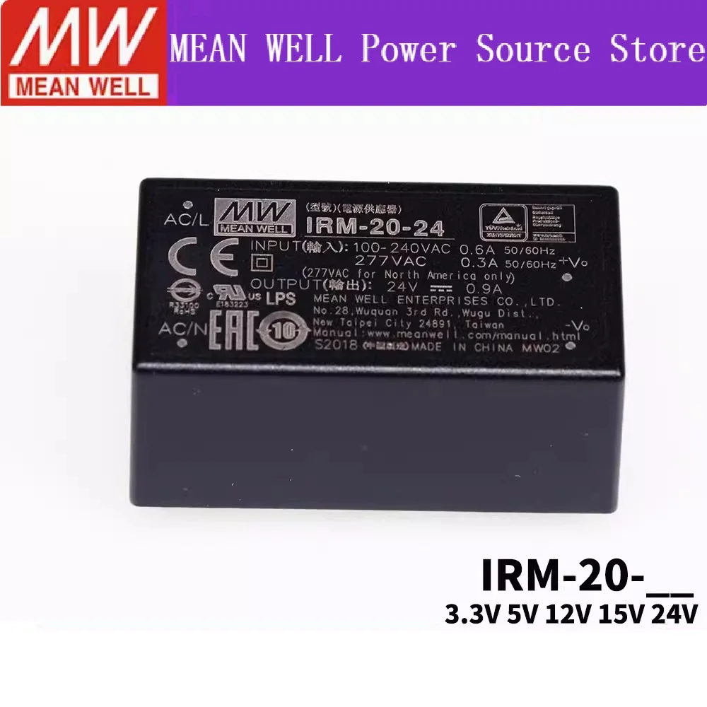 MEAN WELL IRM-20 series IRM-20-3.3 IRM-20-5 IRM-20-12 IRM-20-15 IRM-20-24  20W AC-DC PCB-Mount Green Power Module