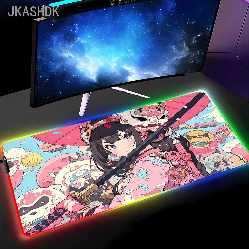 Kawaii Rosa HD Mouse Pad RGB PC Anime Girl Tastiera Mousepad LED Laptop Pc Accessori da gioco Cool Desk Mat XXL Tappeto colorato