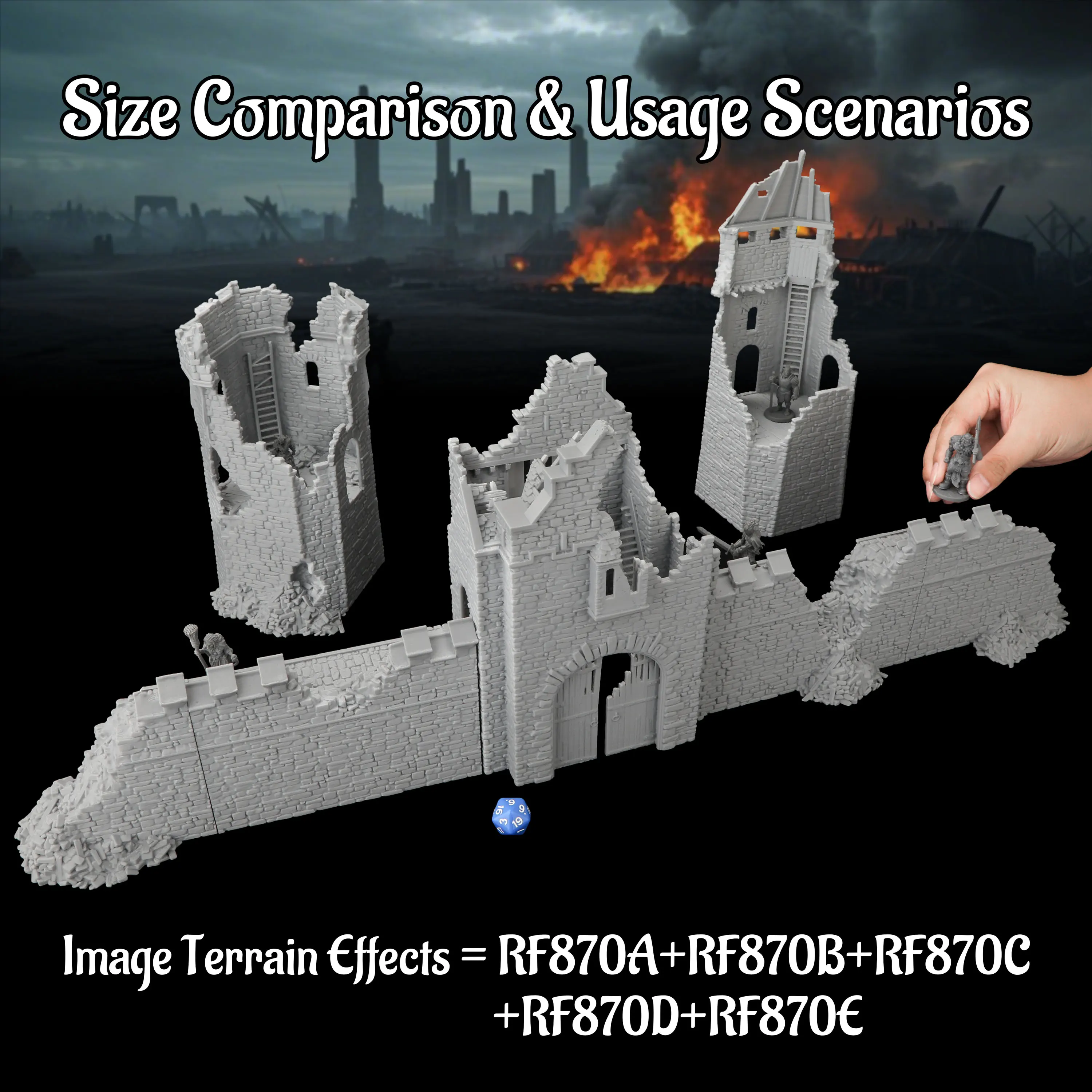 RPG Castle Ruins Terrain – Modular Expansion with Gate, Watchtower, Broken Tower & Collapsed Walls – Display Accessory