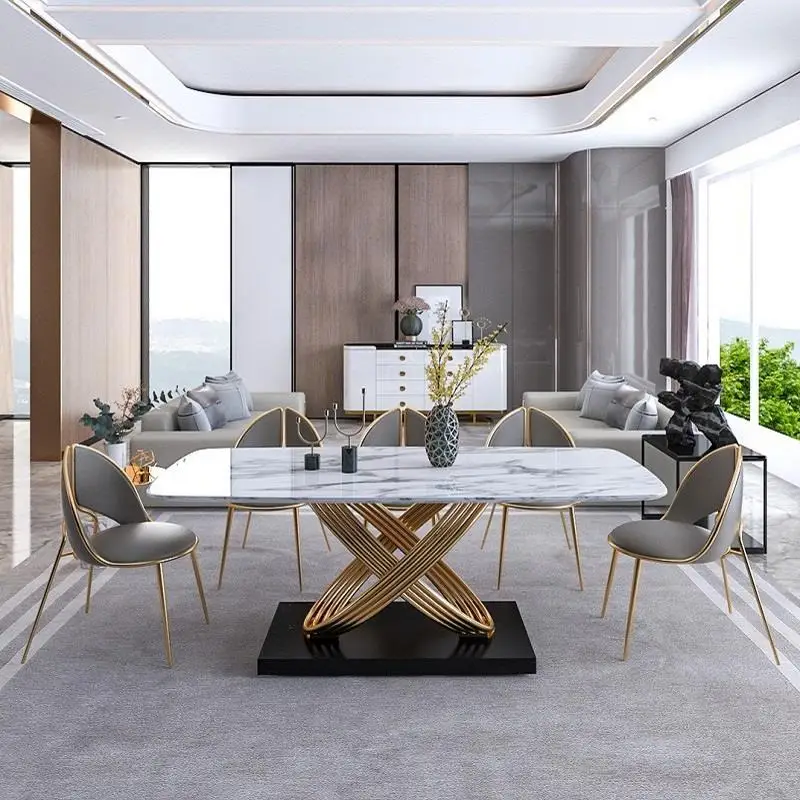 Luxury White Living Room Furniture Golden Base Slate Marbal Dining Table