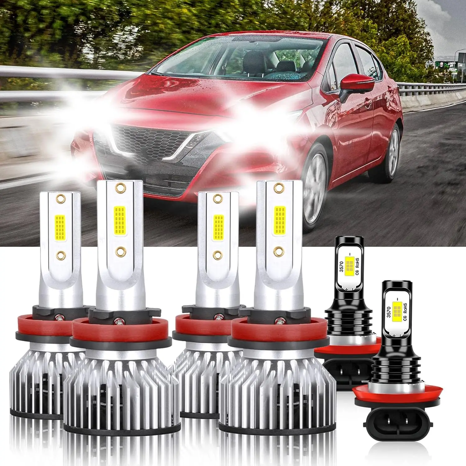 Compatible For Nissan Versa 2020-2023 Bulbs, H11 High Beam + H11 Low Beam + H11 Fog Light Bulbs Combo,300% Brightness 6500K 3000