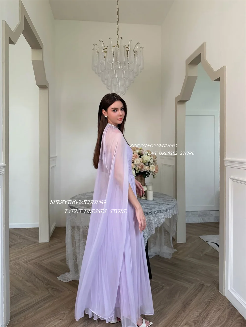 Vestido de noche de gasa morado de hadas SPRAYING, vestido de fiesta con capa de corazón, vestido hasta el tobillo para ocasiones especiales personalizado