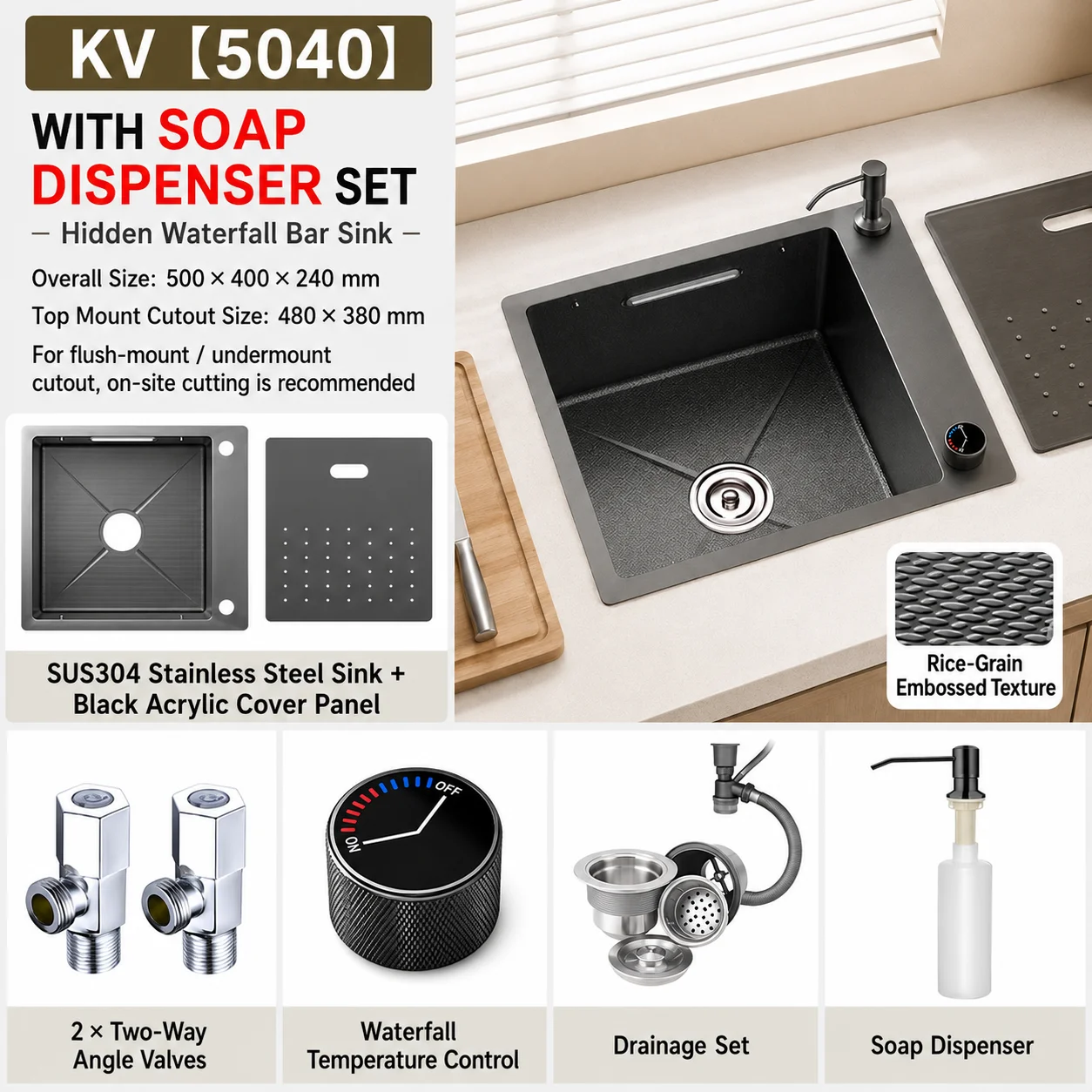 Modern Luxury Waterfall Kitchen Sink SUS304 Stainless Steel Hidden Bar Sink with Temperature Control Faucet Drain Set image 3