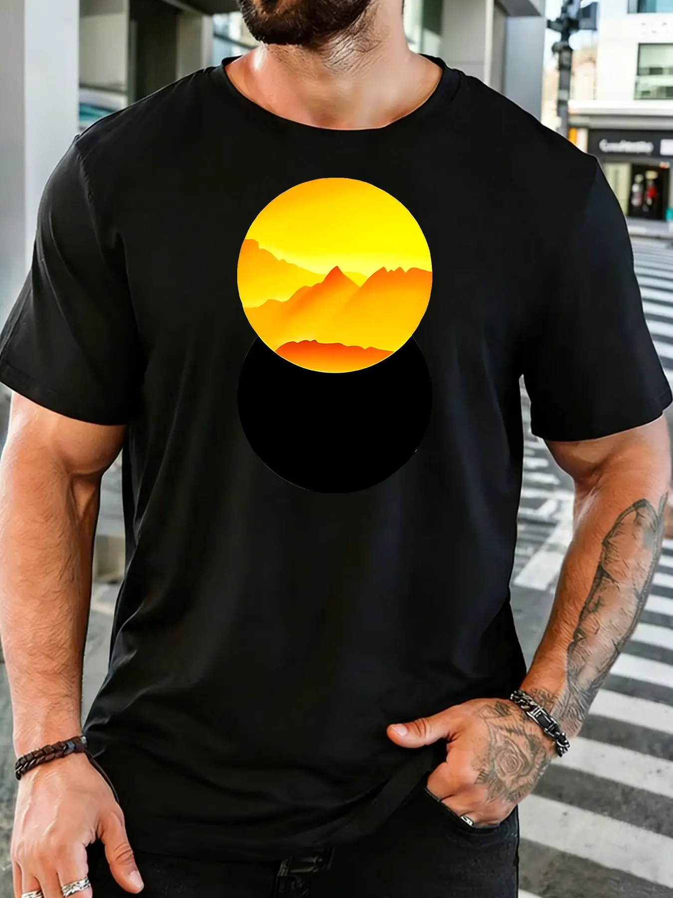 Men Cotton Crew Neck T Shirt Double Circle Sunset Mountain Minimal Landscape Outdoor Casual Short Sleeve Male Daily Top