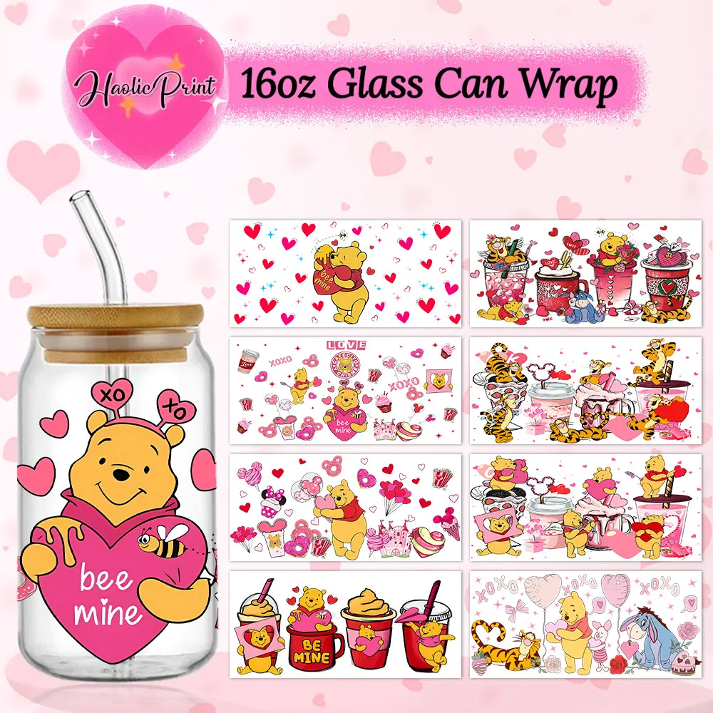 Valentine's Day Pooh Bear 16oz UV DTF Cup Wrap Libbey Glass Beer Can Tumbler Transfer Stickers Waterproof Adhesive