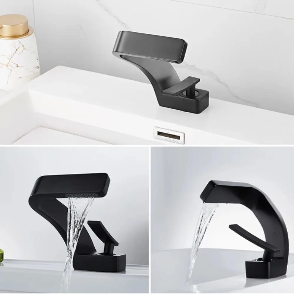 

Matte Golden White Basin Faucet Brushed Gold Black Chrome Waterfall Tap Hot Cold Water Contemporary Design Deck Mounted Faucet