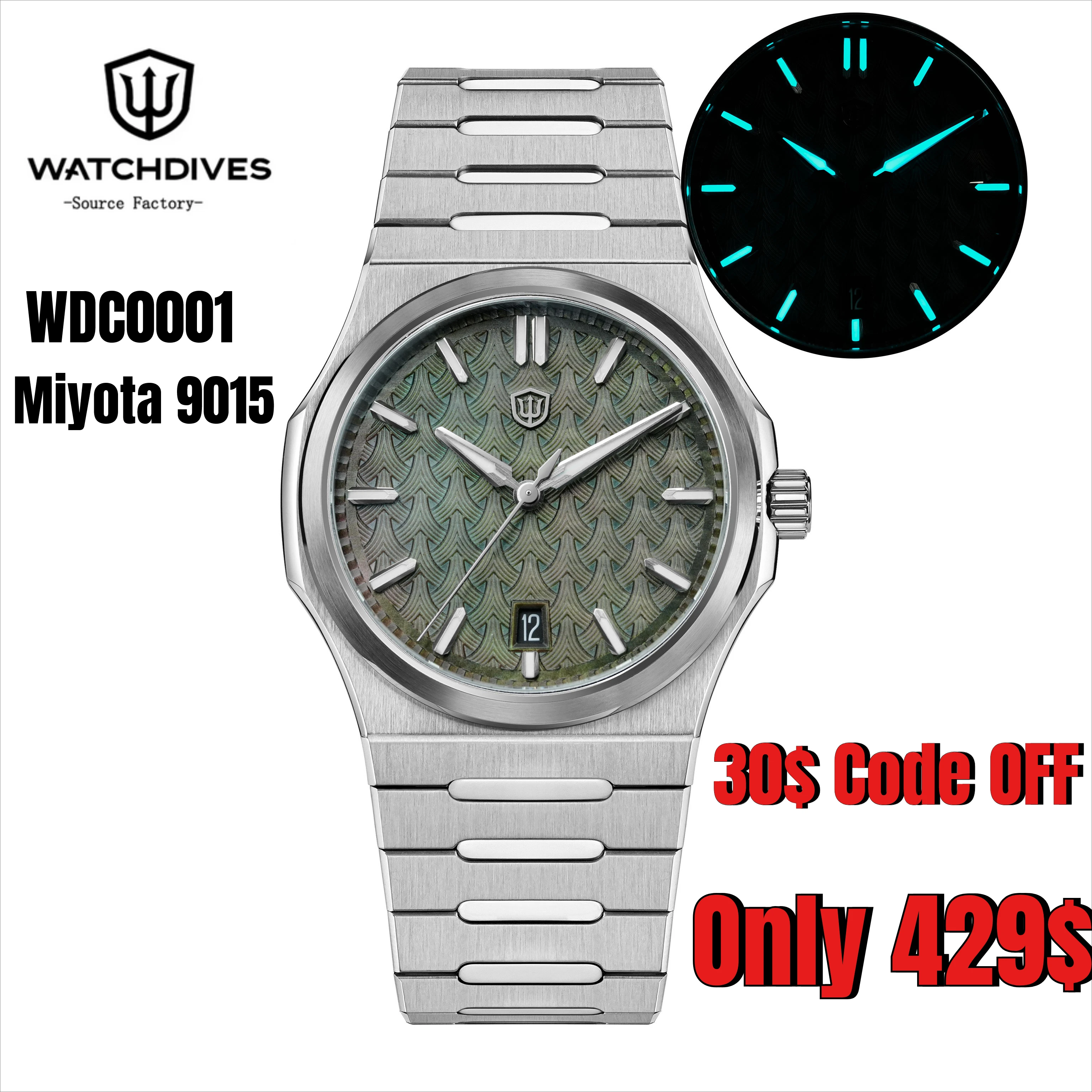 Watchdives WDC0001 PREMIER Automatic Watch Miyota 90S5 Sapphire Crystal MOP Dial BGW9 Super Lume 39mm 100M WR Steel Bracelet