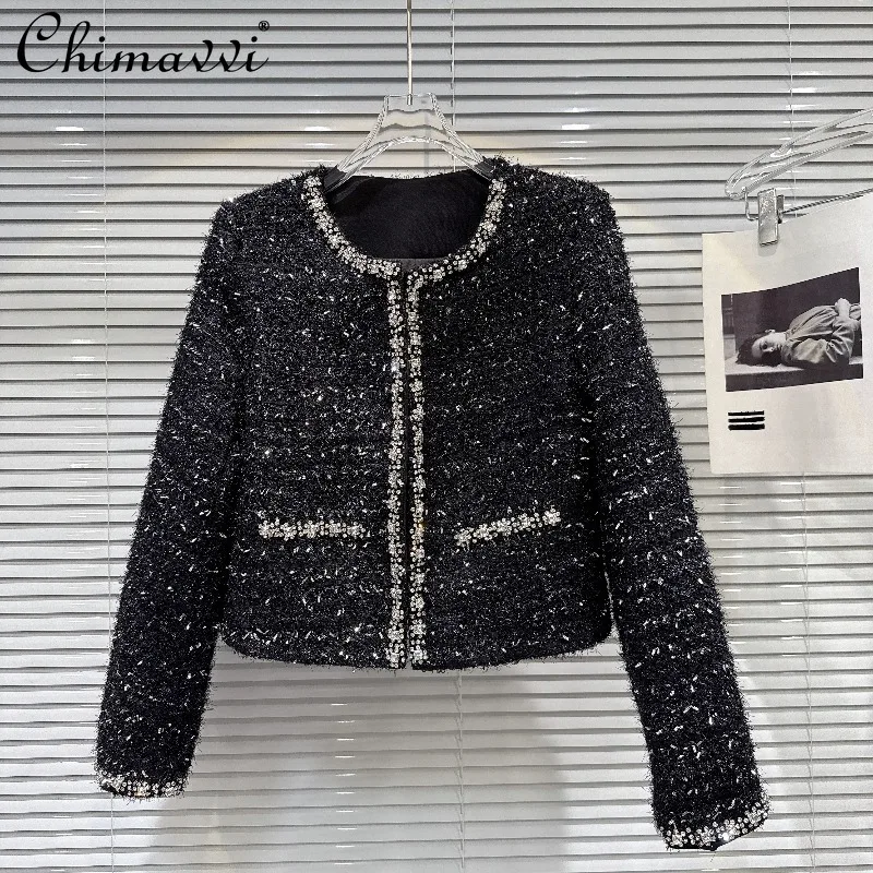 

2025 Autumn New Exquisite Socialite Diamond Edge Round Neck Shiny Wool Short Coat Fashion Long Sleeve Slim Fit Elegant Top