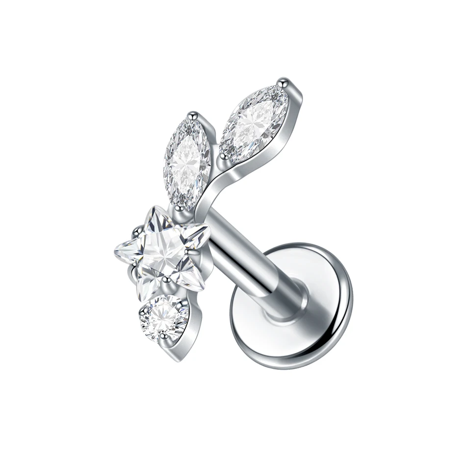 1PC Titanium Oorkraakbeen Piercings Platte Achterkant Stud Oorbel Interne Draad Vlinder Kruis CZ Helix Tragus Piercing Sieraden 16G