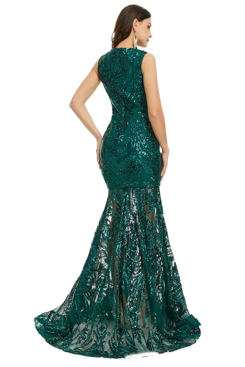 2022 błyszczące haftowane cekiny Mermaid suknie balowe eleganckie bez rękawów krótki podszewka Sexy głębokie V Neck suknie wieczorowe Party Dress