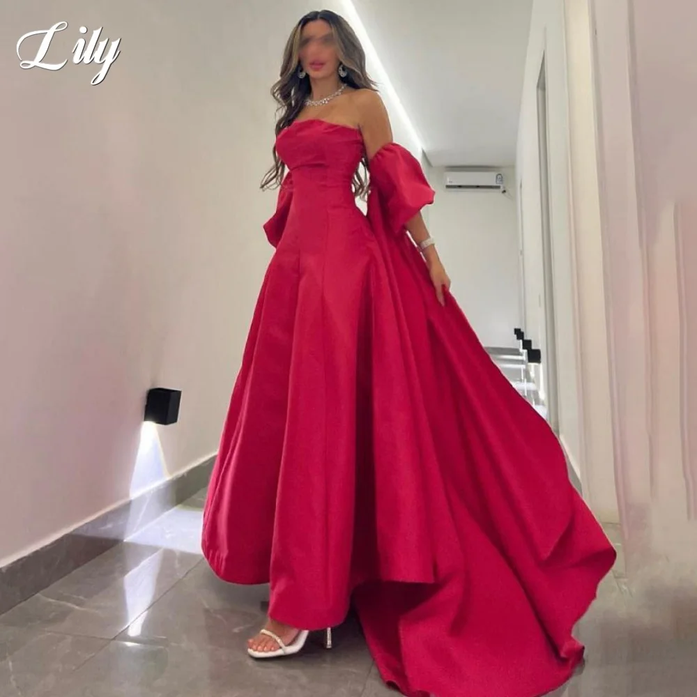 

Простое красное вечернее платье трапециевидной формы Lily из атласа с открытыми плечами 프롬드레스 Платье для выпускного вечера с рюшами и асимметричным шлейфом по индивидуальному заказу