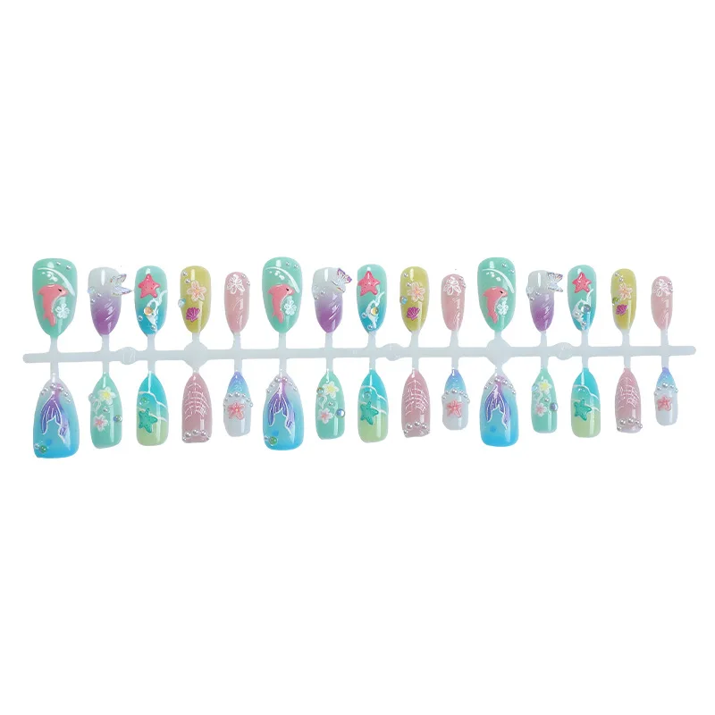 30pcs Summer Press on Nails 3D Ocean Starfish Shell Decor Fake Nail Tips Full Cover Wearable Gradient Blue Almond False Nails view 4