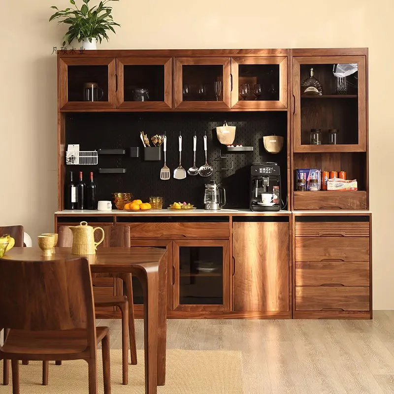 Nordic black walnut side cabinet Home dining room Wall high cabinet Modern simple cherry wood hole board locker