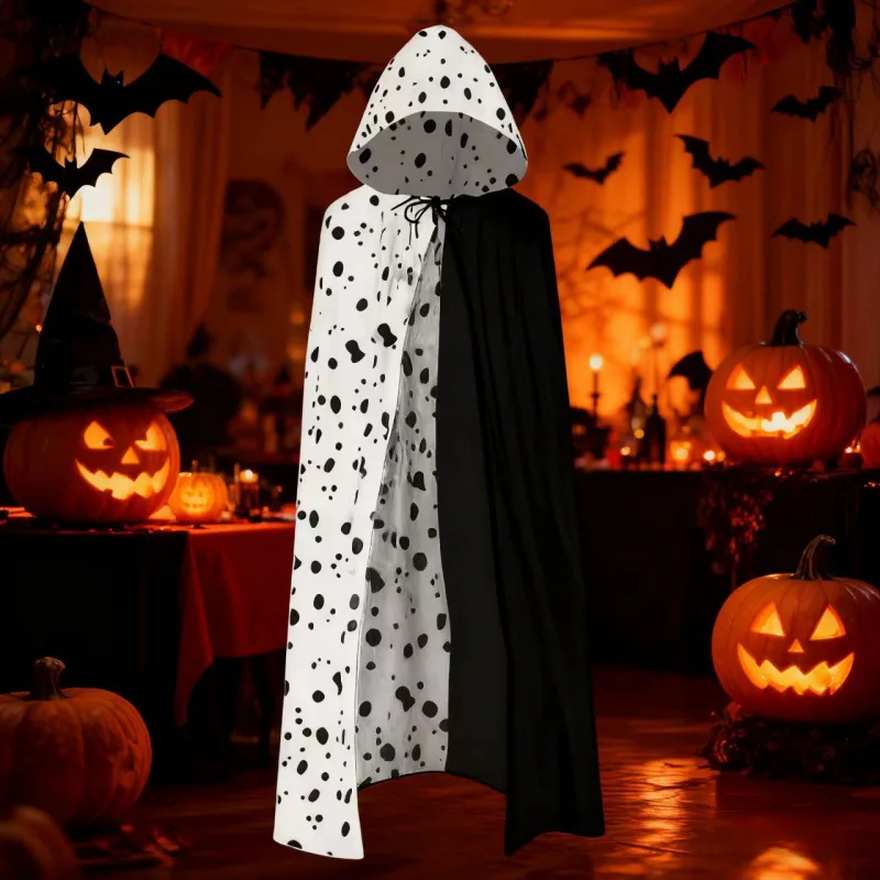 Unisex Halloween Hooded Cape with Cow-Print Color-Block Design – Tie-Closure Stage Performance Costume