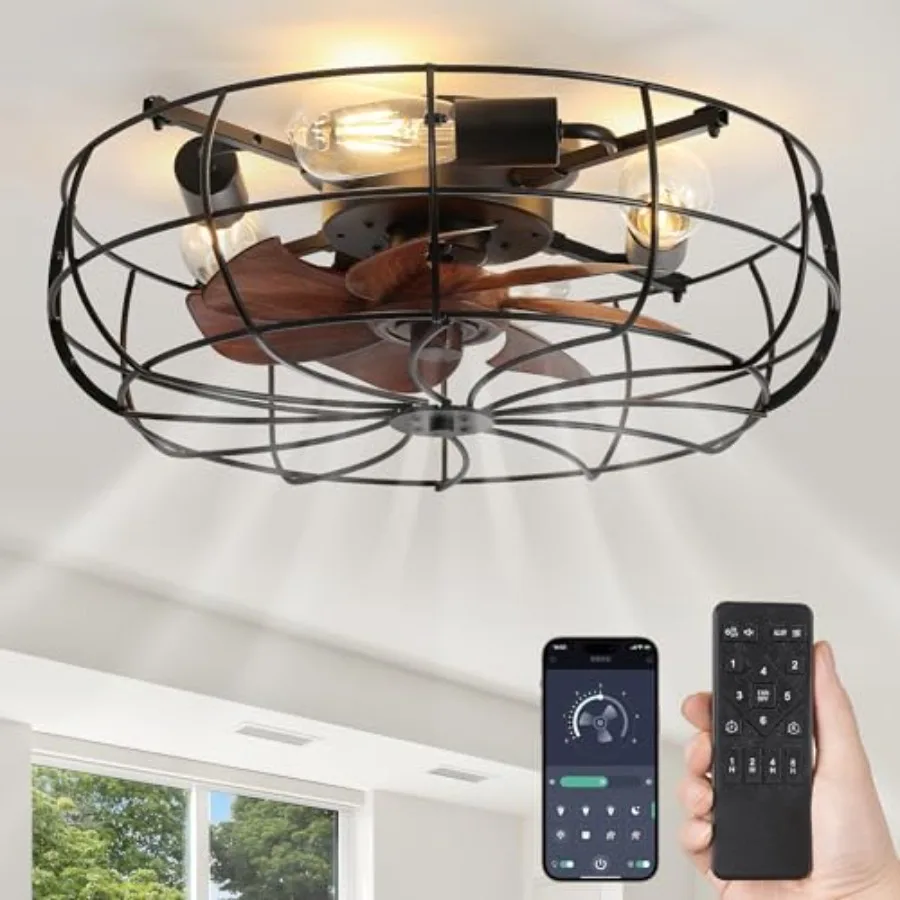 Caged Ceilg Fans with Lights and Remote, Flush Mount Bladeless Ceilg Fan Low Profile, Small Farmhouse dustrial Enclosed Ceilg F