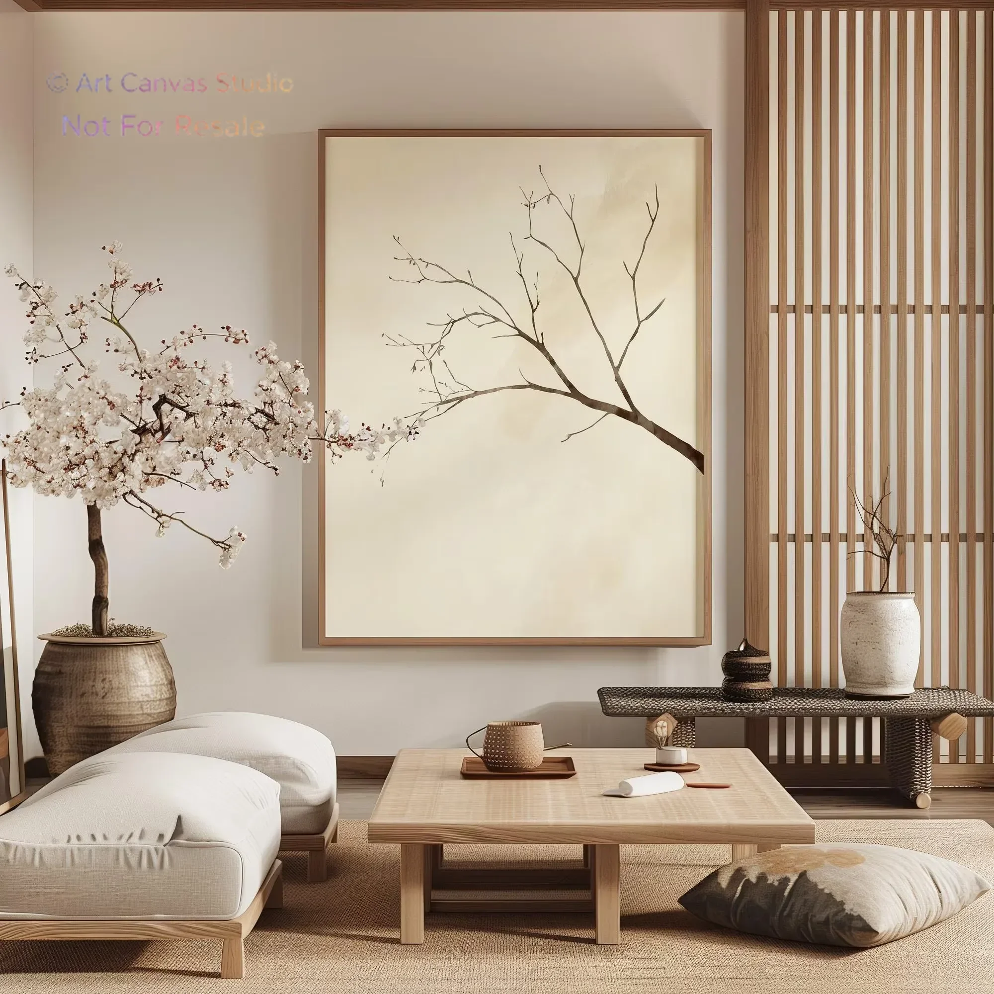 Interior wall art, Wabi-sabi, Japanese-style tree design, large abstract wall art poster, beige art, modern home decoration.