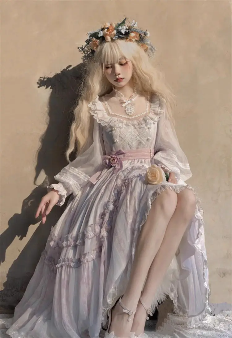 Abito Principessa Lolita Taglia Grande L-4XL, Stile Pastorale Primavera-Autunno, Maniche Lunghe, Vita Alta con Volant, Colore Viola Chiaro