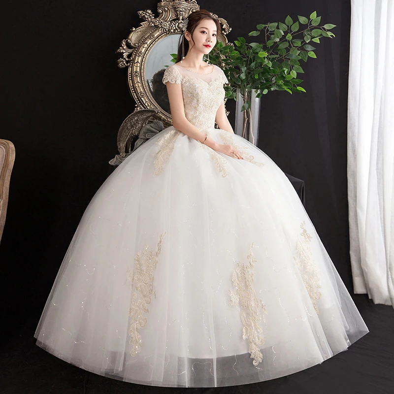 New European and American bridal lace Off-shoulder, backless, strapless, floor-length, princess-style, slimming Korean wedding d