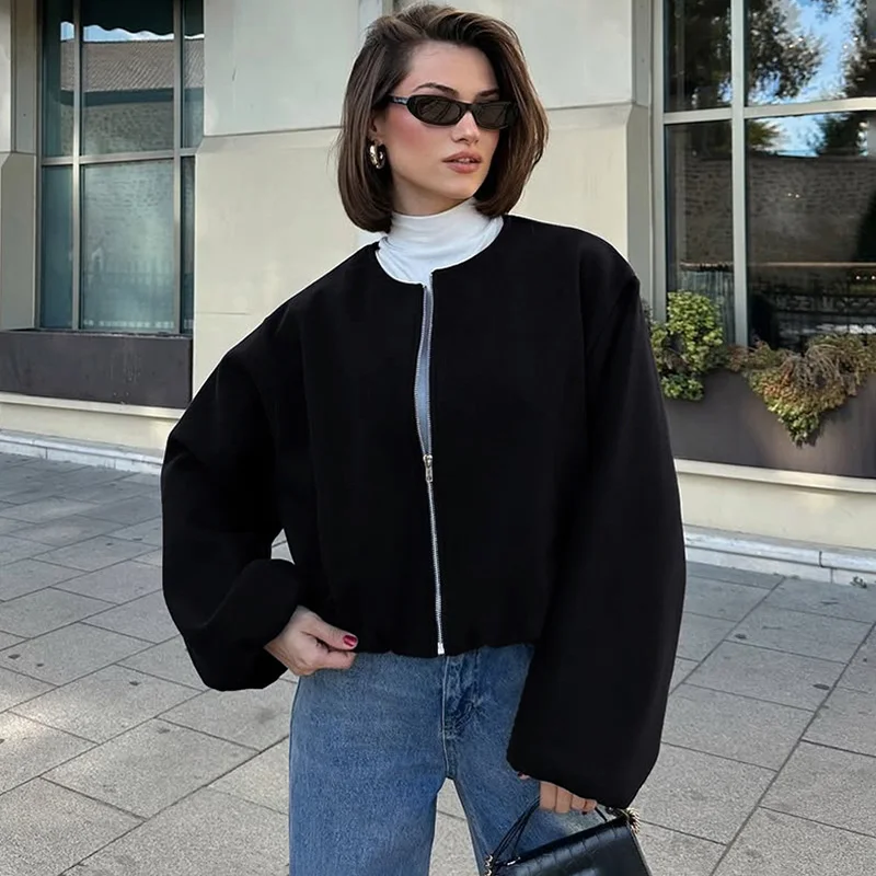 

Ticketsx модная черная короткая куртка повседневная зимняя молния свободные шерстяные пальто женские винтажные элегантные уличные женские куртки