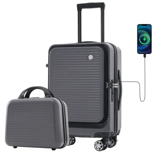 

20 Inch Carry-On Front Open Luggage Lightweight Suitcase with Front Pocket & USB Port Portable Travel Case