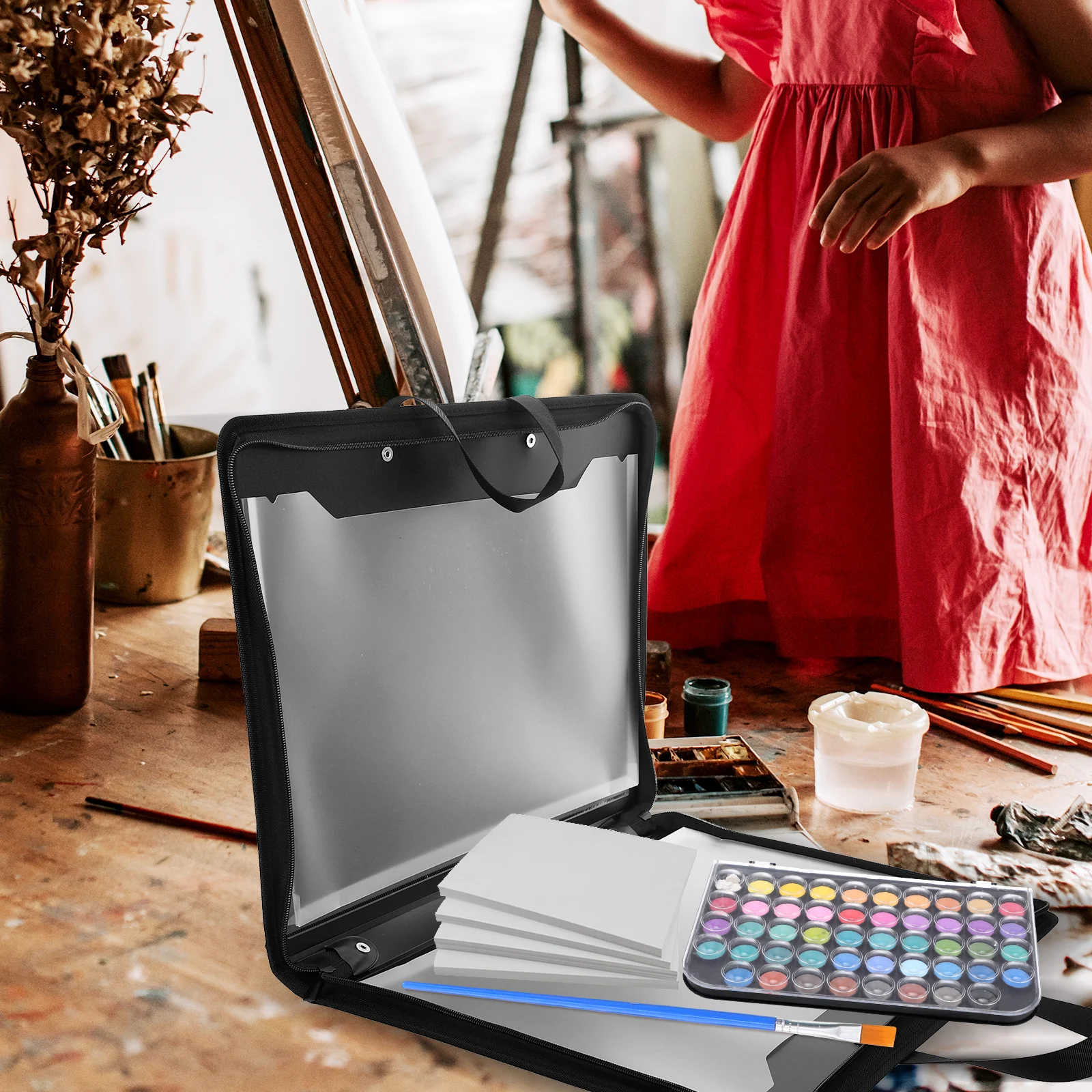 

Portable Art Portfolio Bag for Students Artists Heavy-Duty Waterproof Document Organizer Handheld File Folder Sketch Paper