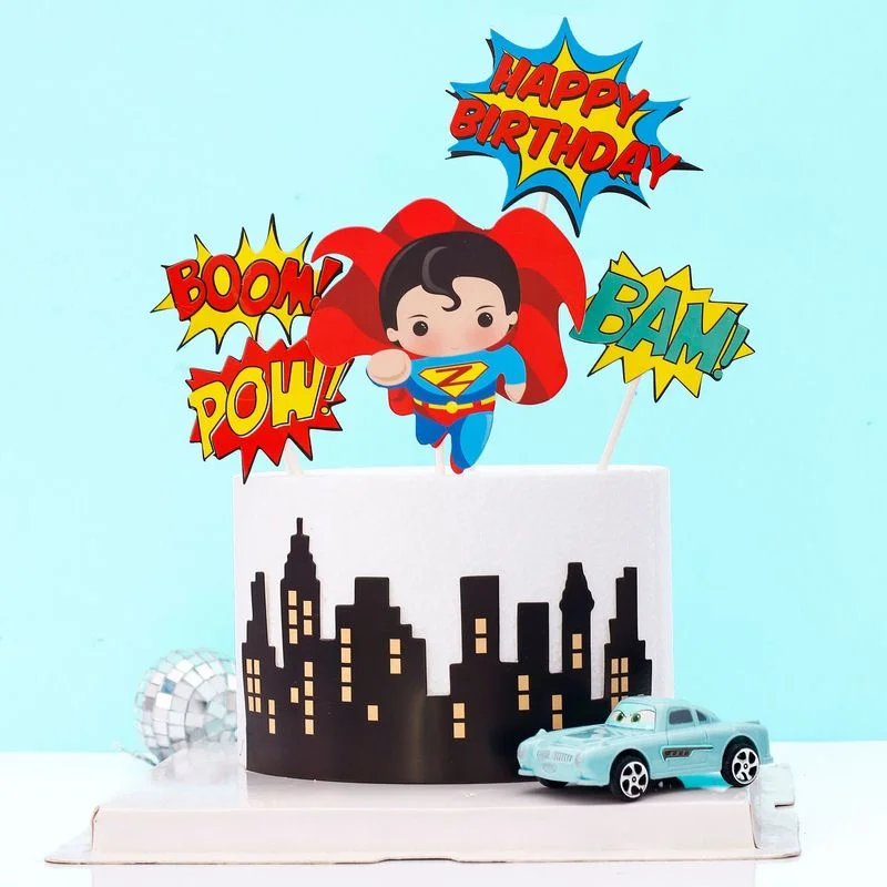 6pcs Cartoon Super Hero Happy Birthday Cake Topper Cute Boom Pow Paper Cupcake Topper for Boys Birthday Party Cake Decorations