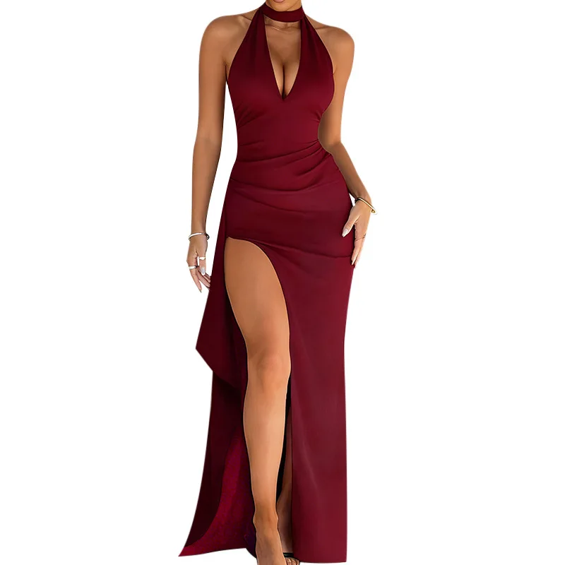 High Slit Slim Fit Neck Hanging Dress For Women 2026 Solid Sexy Dress Long Skirt Gown Dress For Women Vestido Para Fiestas