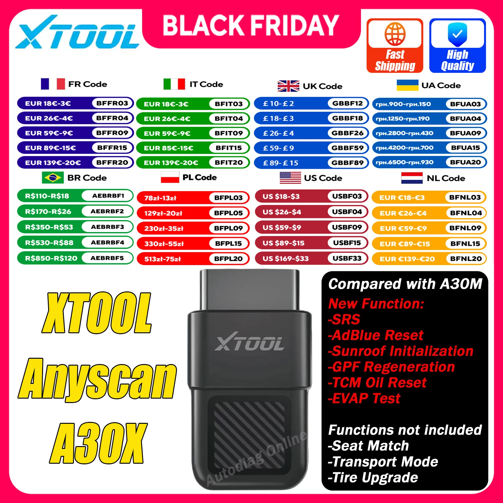XTOOL Anyscan A30X Bluetooth OBD2 Scanner Strumento diagnostico per auto 26+ Reset Lettore di codici di servizio Diagnostica per veicolo FCA A30X Scan