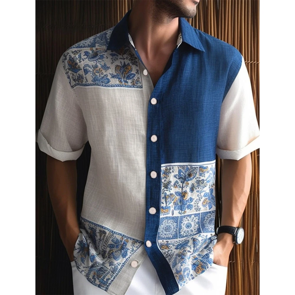 Men Shirt Gradient Check 3D Printing Shirt Blouse Casual Collared Men's Loose Top Fashion Short Sleeves Flip Collar Button Shirt