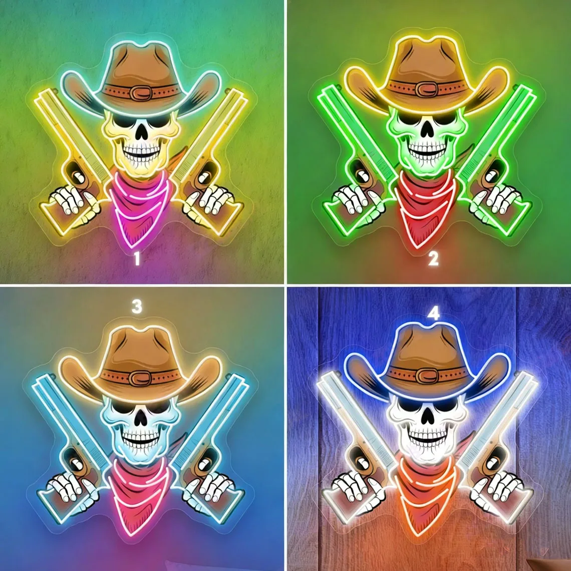 

Неоновая вывеска с ковбойским черепом и двойным оружием, неоновая вывеска в виде ковбоя с черепом, неоновая вывеска в виде черепа, настенные декоры в стиле вестерн, декор в стиле вестерн-готика