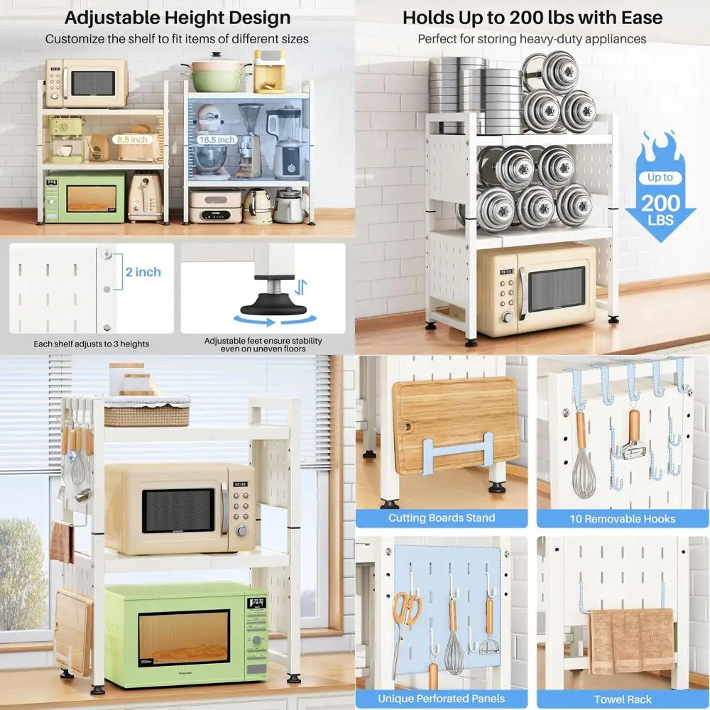 

Adjustable 3-Tier Microwave Stand with Hooks and Holders, Heavy-Duty Kitchen Organizer, Space-Saving Counter Shelf, 200 lbs Capa