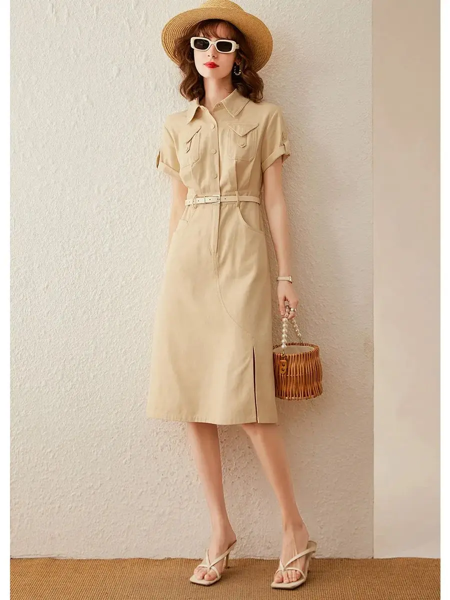 LOUIS YAO Women Denim Dress Retro Style 2024 Summer Safari Dress with Belt Turn Down Collar Short Sleeve Knee Length Dress