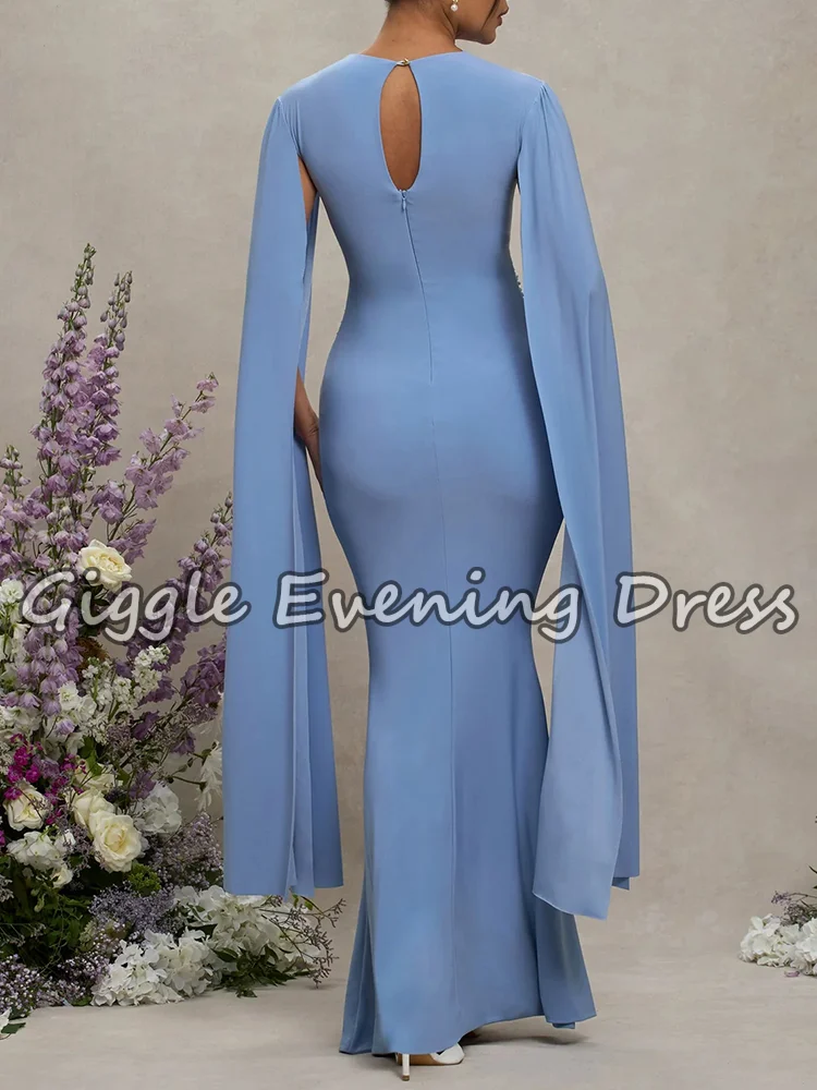 Giggle Elegante blaue Satin-Meerjungfrau-Abendkleider mit Flügelärmeln, einfaches Damen-Schwangerschaftskleid, Fotografie, Freizeitkleider, individuell gestaltet