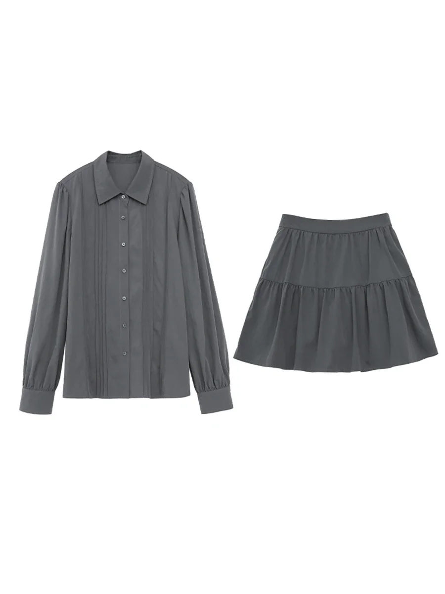 CHIC VEN Women Skirt Set Loose Casual New Textured Pleated Long Sleeved Shirts A-line Female Blouse Spring Autumn 2024