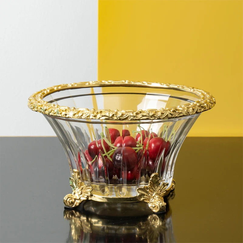 Crystal glass inlaid with Copper water fruit tray, American living room, restaurant, Luxurious home decoration, Fruit tray