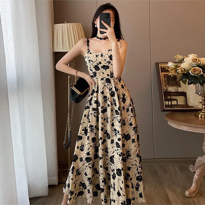 Floral Strap Midi Dress Women Sexy Sleeveless Elegant Party Backless Dresses