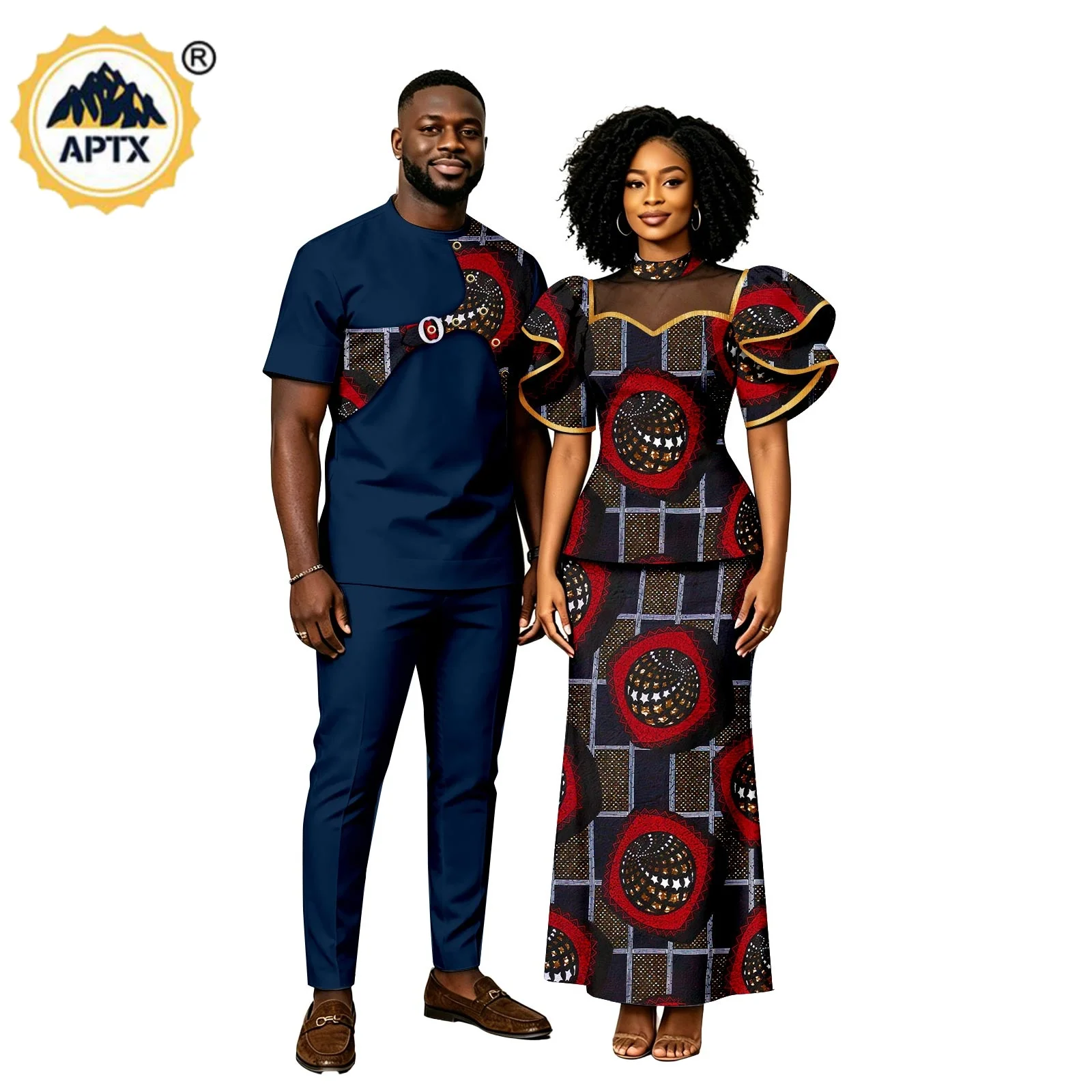 African Print Turtleneck Top and Skirt Sets for Women Matching Couple Outfits Dashiki Men Patchwork Top and Pant Sets 26C055