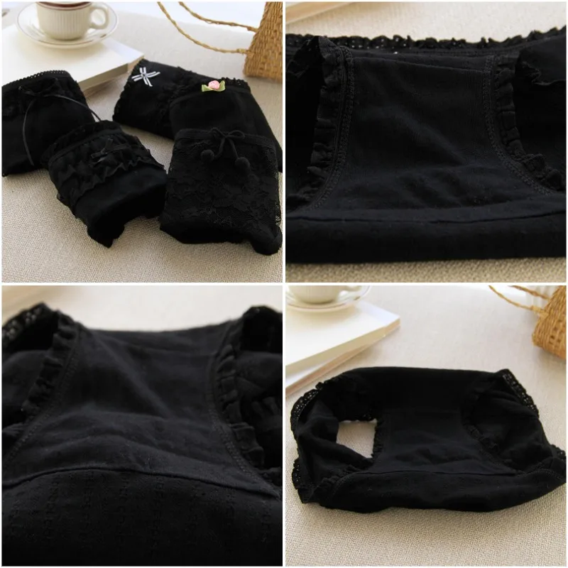 5Pcs/Lot Women\'s Cotton Panties Sexy Hollow Lace Bow Black Female Girls Briefs Breathable Seamless Lingerie Intimates Shorts