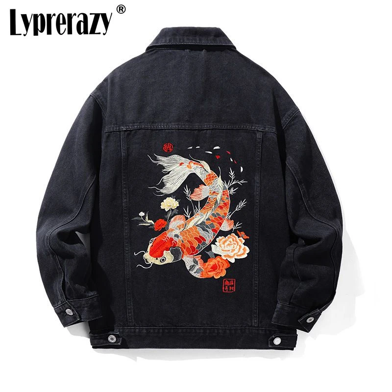 

Lyprerazy Autumn And Winter Fluorescent Denim jacket Chinese Style Casual Embroidery Koi Turn-Down Collar Jackets