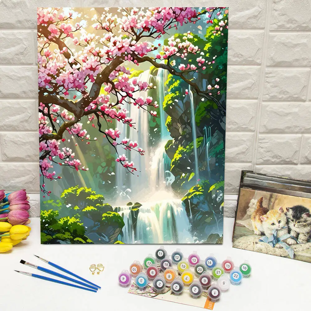 Ölgemälde nach Zahlen, Berglandschaft, DIY, digitale Malerei, Haus, Baum, Landschaft, Bild, Kunsthandwerk auf Leinwand, handgemaltes Geschenk