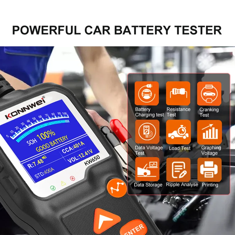 KONNWEI KW650 Car Battery Tester 6V 12V Auto Battery System Analyzer 100 to 2000 CCA Car Quick Cranking Charging Too