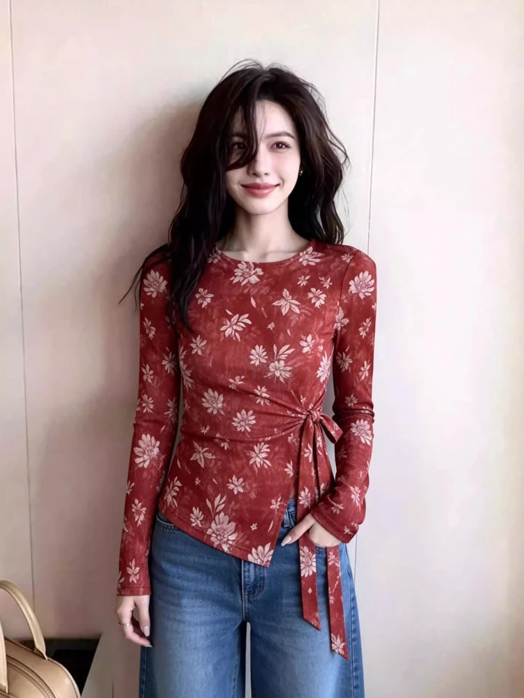 Women's Summer Mesh Long Sleeve Top Print Irregular Lace Up Uv Fashion Tee